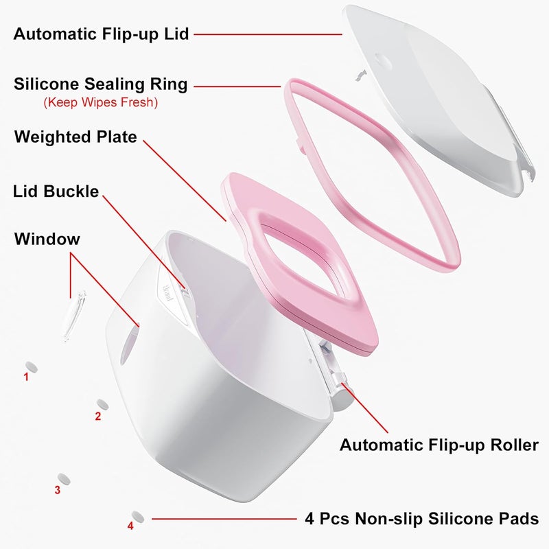 Seposeve Wipes Dispenser with Weighted Plate, X2 PRO, Perfect Pull Baby Wipe Holder, Refillable Wipe Container, Keeps Wipes Fresh, One-Handed Operation. Non-Slip, Easy Open/Close Wipes Case, Pink - Image 4